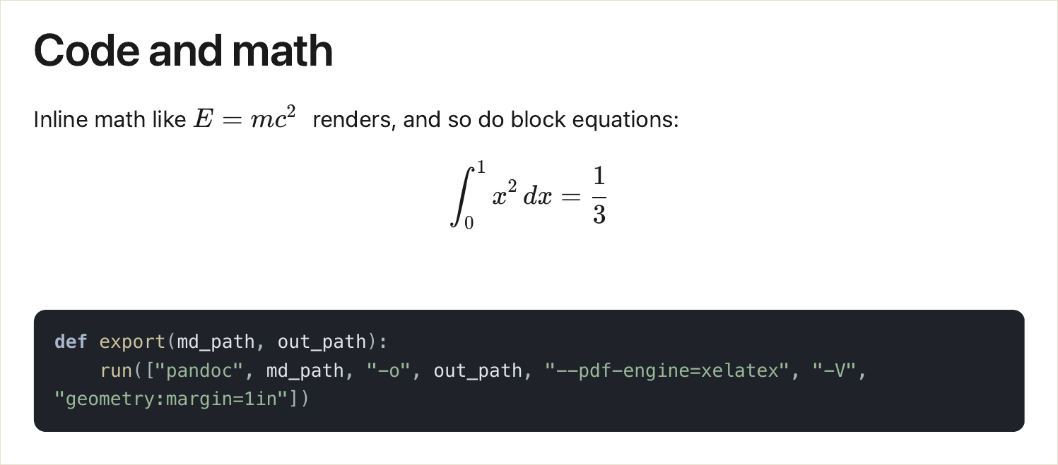 A PDF exported from the browser tool: a typeset integral equation above a dark code block where a long comment line wraps inside the block instead of overflowing the page.
