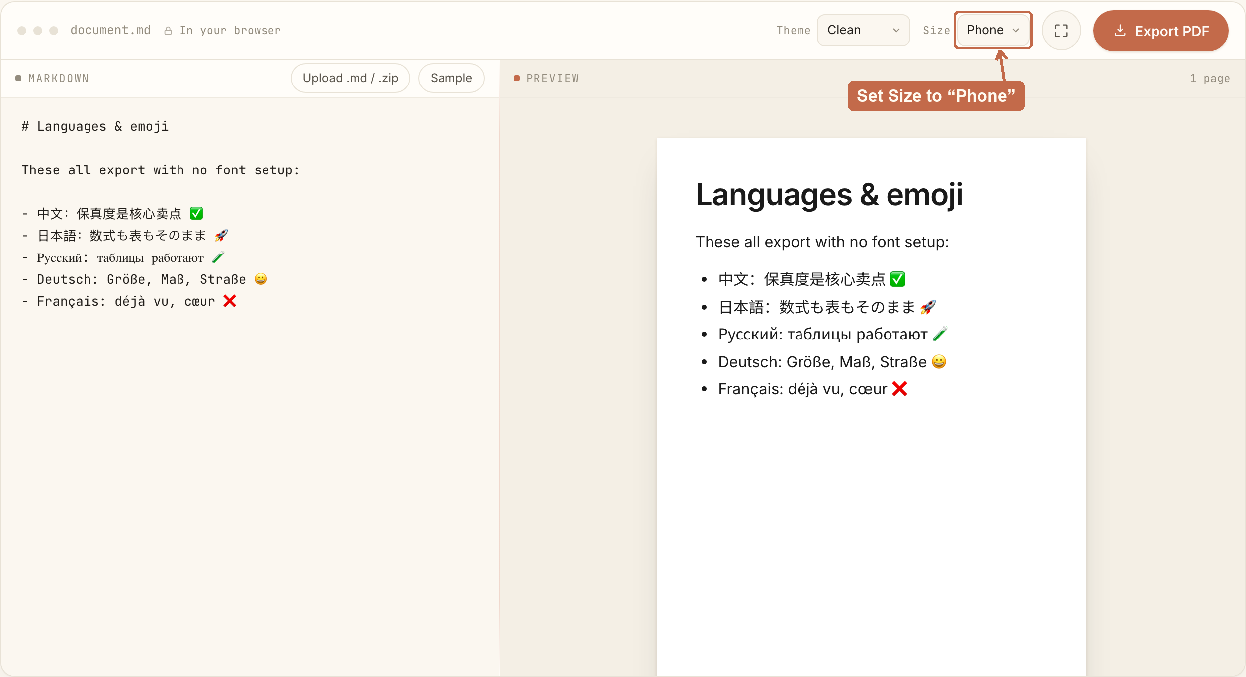 The Markdown to PDF tool with the page-size selector set to Phone (highlighted with an arrow), and a live preview rendering Chinese, Japanese, Russian, German and French text with color emoji on a narrow, phone-shaped page.