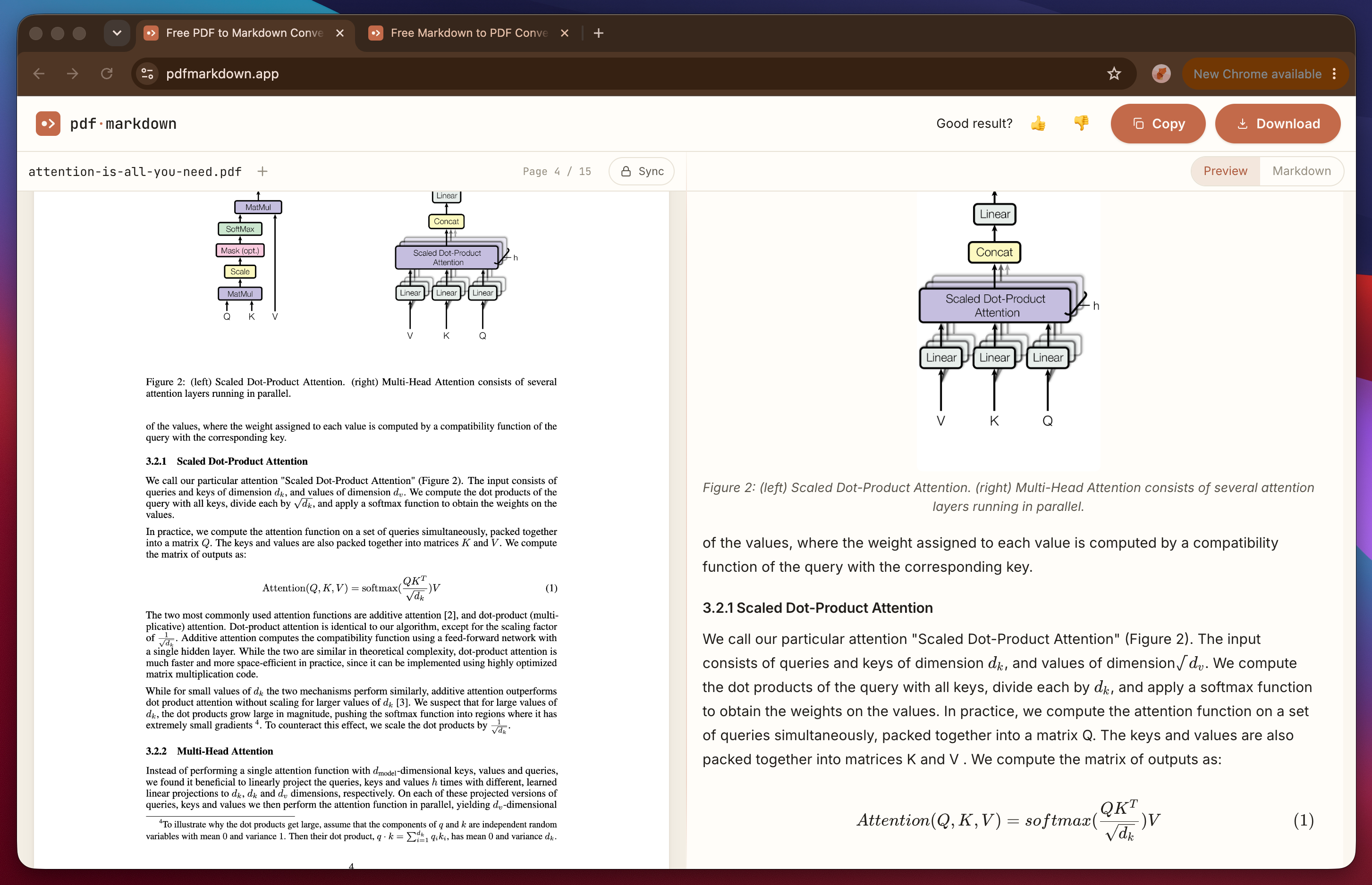 pdfmarkdown.app showing a PDF and its converted Markdown side by side, with the figure, caption and equation preserved.