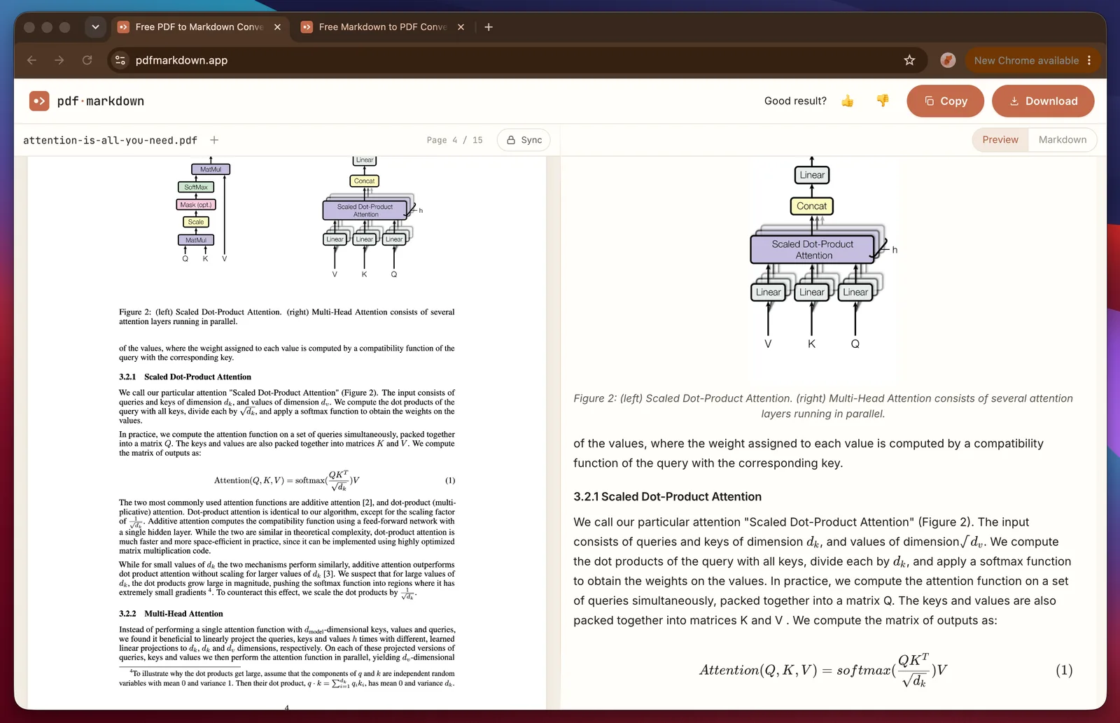 pdfmarkdown.app showing a PDF and its converted Markdown side by side, with the figure, caption and equation preserved.