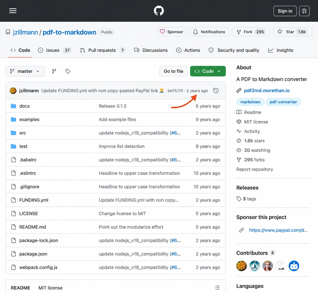 The jzillmann PDF-to-Markdown GitHub repository showing a latest commit from March 2024, files dating back to 2017, and 1.6 thousand stars