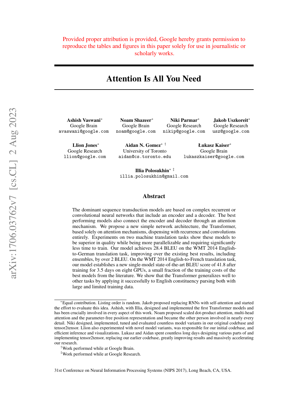 Original first page of Attention Is All You Need with a visually distinct paper title and Abstract heading