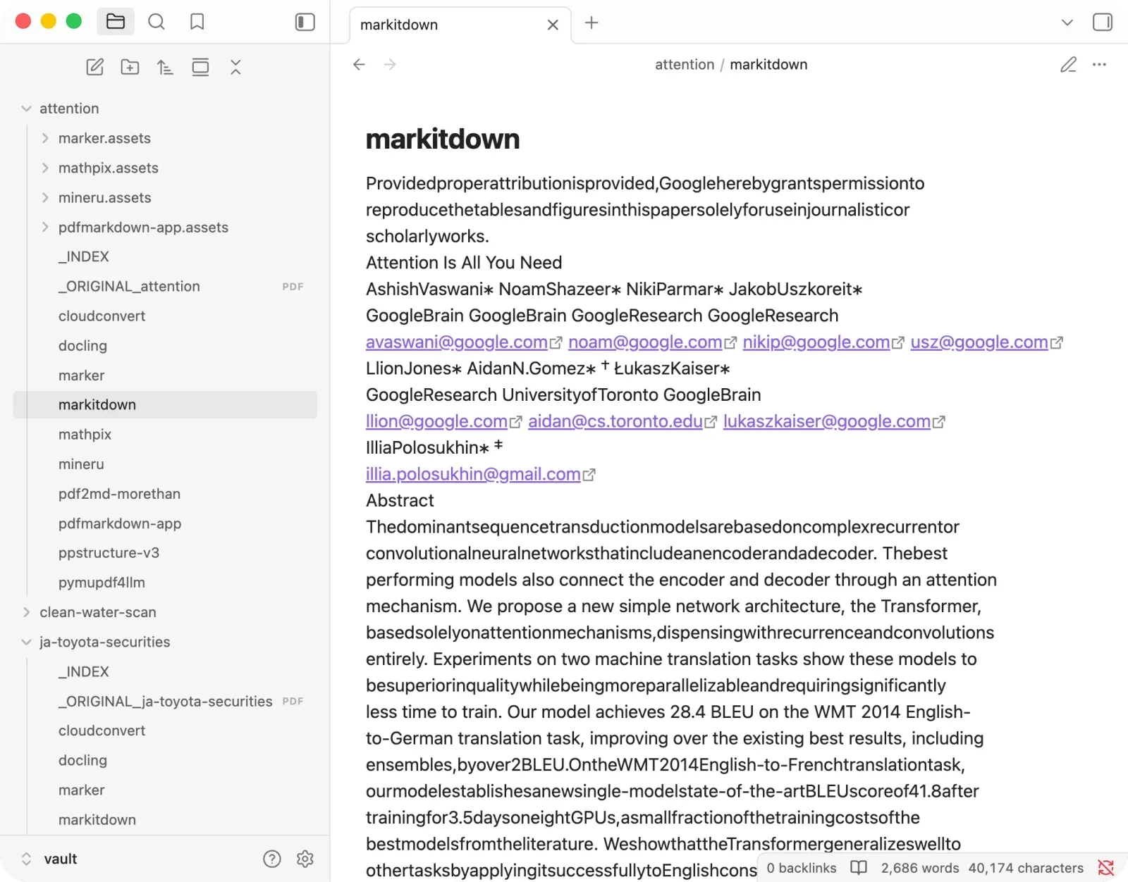 MarkItDown output with section titles as plain text, no Markdown headings
