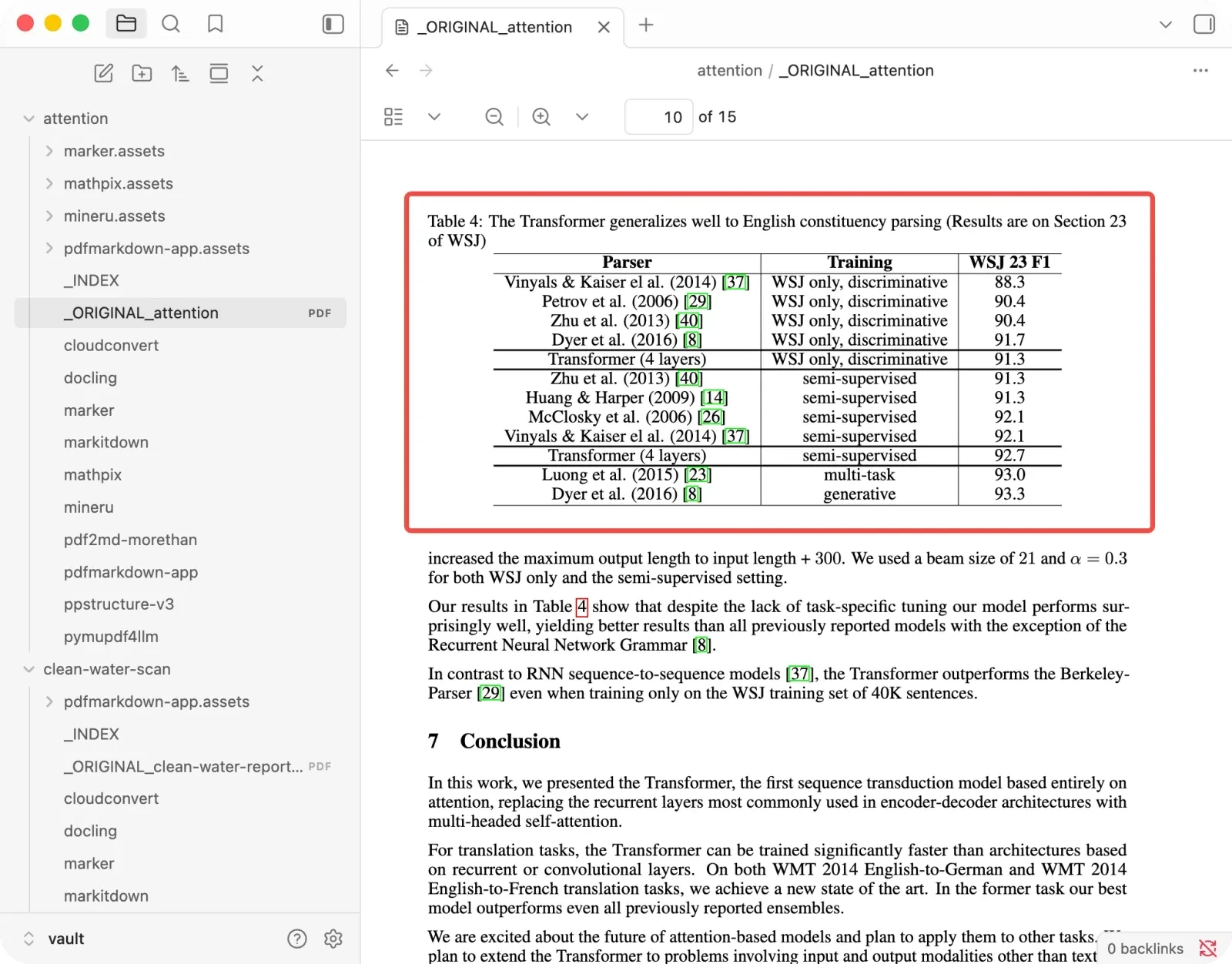 The original Attention paper Table 4, a constituency-parsing table with one parser per row