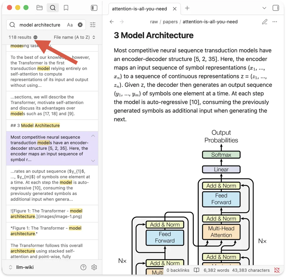 After converting the PDF to Markdown, the same Obsidian search for “model architecture” returns 118 results with highlighted matches, and the note renders with headings, text and the figure.
